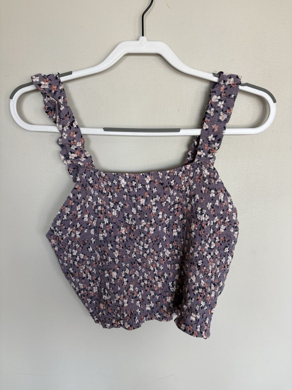 Hippie Rose Womens Large Smocked Floral Crop Tank Top Purple Ruffle NWT